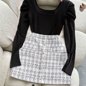 Elegant Black and White Plaid Skirt and shirt set